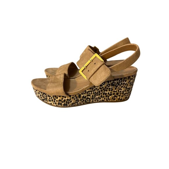 Andrew Geller Tan Suede Wedge Sandals With Leopard Print Platform Size 6.5M - Picture 1 of 8